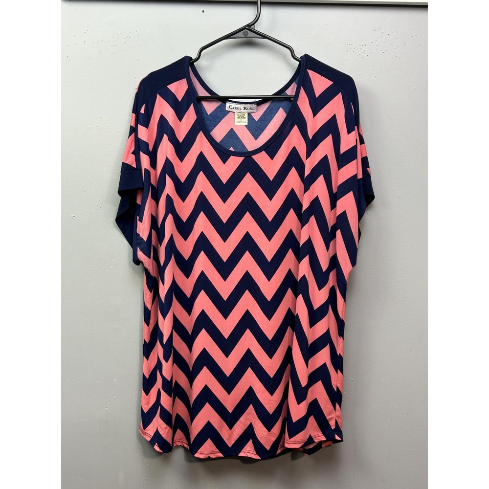 Carol Rose Shirt Womens 3X Navy Pink Chevron Short Sleeve Scoop Neck Made USA